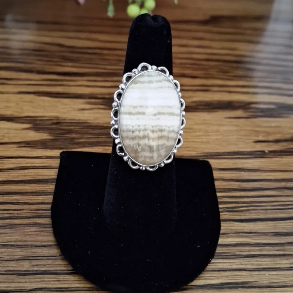 Ring Lace Agate Natural Stone Sterling Silver Statement Ring Size 6